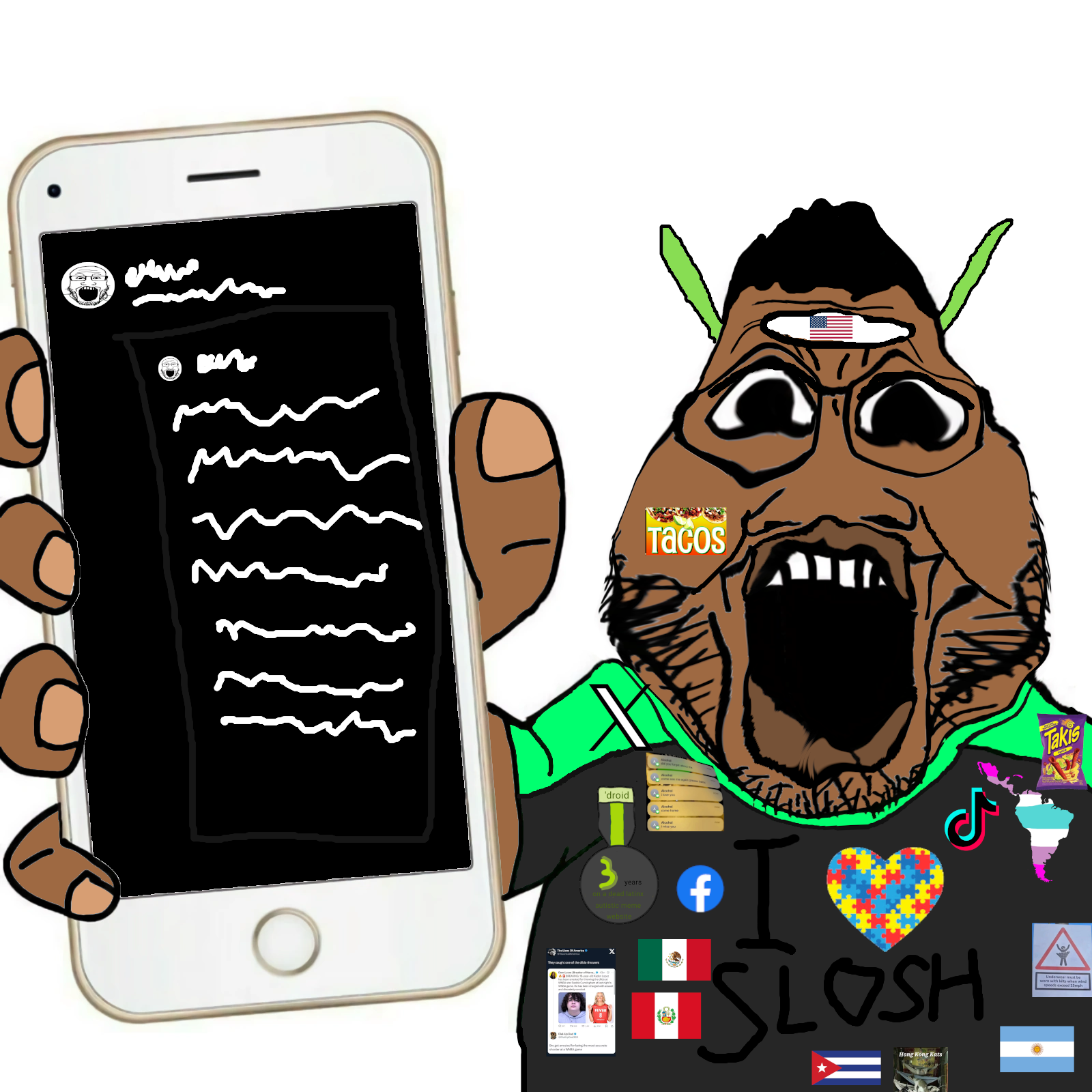 markiplier soyjak, meximutt, phoneplier vertical, slopjak, showing phone, antenna, autism, autistic, badge, brown skin