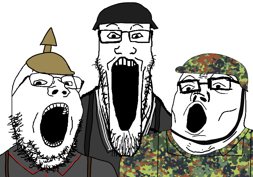 gapejak, markiplier soyjak, tony soprano soyjak, soyjak trio, bald, beard, bundeswehr, chinstrap, clothes, feldblause