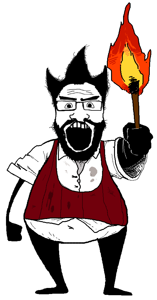 markiplier soyjak, science lover, angry, beard, black pants, fat, fire, full body, glasses, open mouth