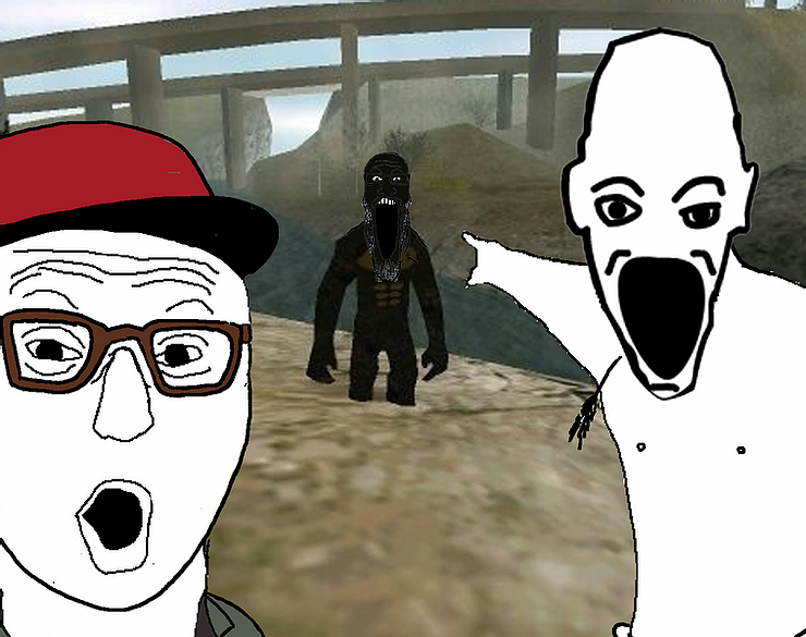 markiplier soyjak, two pointing soyjaks, san andreas, 3soyjaks, arm, bigfoot, black skin, cap, clothes, glasses