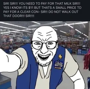 walmartjak, arm, closed mouth, clothes, glasses, irl background, meme, open mouth, smile, soyjak