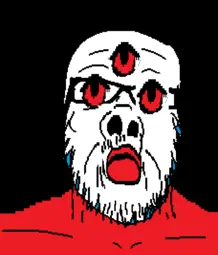 a24 slowburn soyjak, black background, closed mouth, dailyjak, glasses, multiple eyes, mustache, red eyes, soyjak, stubble
