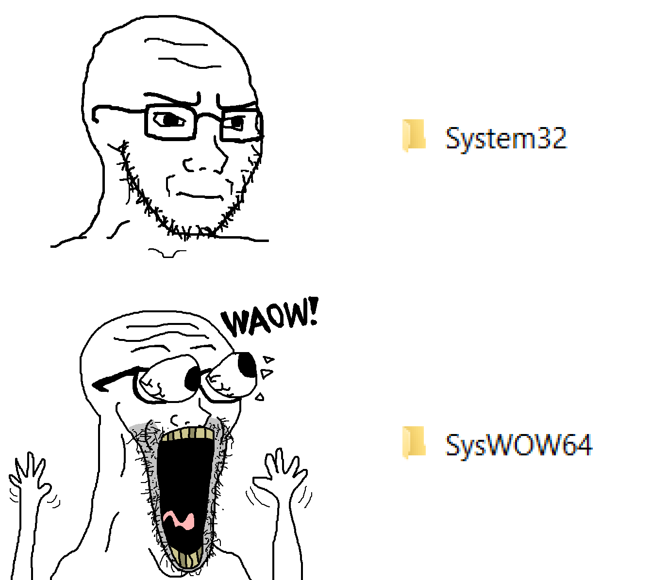 excited soyjak, soyak, soyak (irritated), waow, wewjak, 2soyjaks, bald, broken glasses, closed mouth, eyes popping
