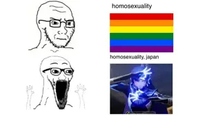 excited soyjak, soyak, soyak (irritated), wewjak, thing japanese, arm, concerned, flag, frown, gay