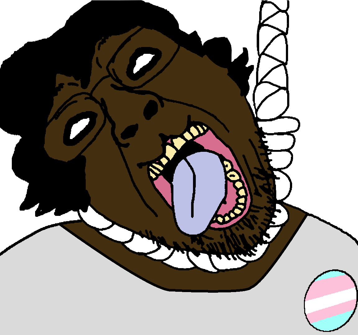 bernd, ack, badge, blue tongue, clothes, dark skin, eyes, flag pin, glasses, gray shirt