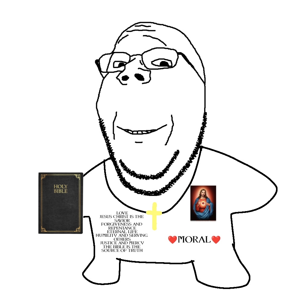 gapejak, wholesome soyjak, bible, christianity, full body, glasses, hair, heart, holding book, holding object