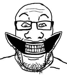 markiplier soyjak, skibidi soyjaks, eyebrows, glasses, gums, looking down, open mouth, skibidi, stretched mouth, stretched nose