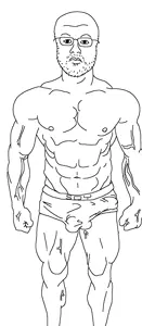 unknown, arm, buff, closed mouth, clothes, erection, fist, glasses, hands, leg