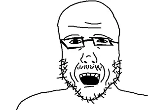 unknown, bald, eye bags, eyebrows, glasses, mustache, no ears, nose, open mouth, stubble