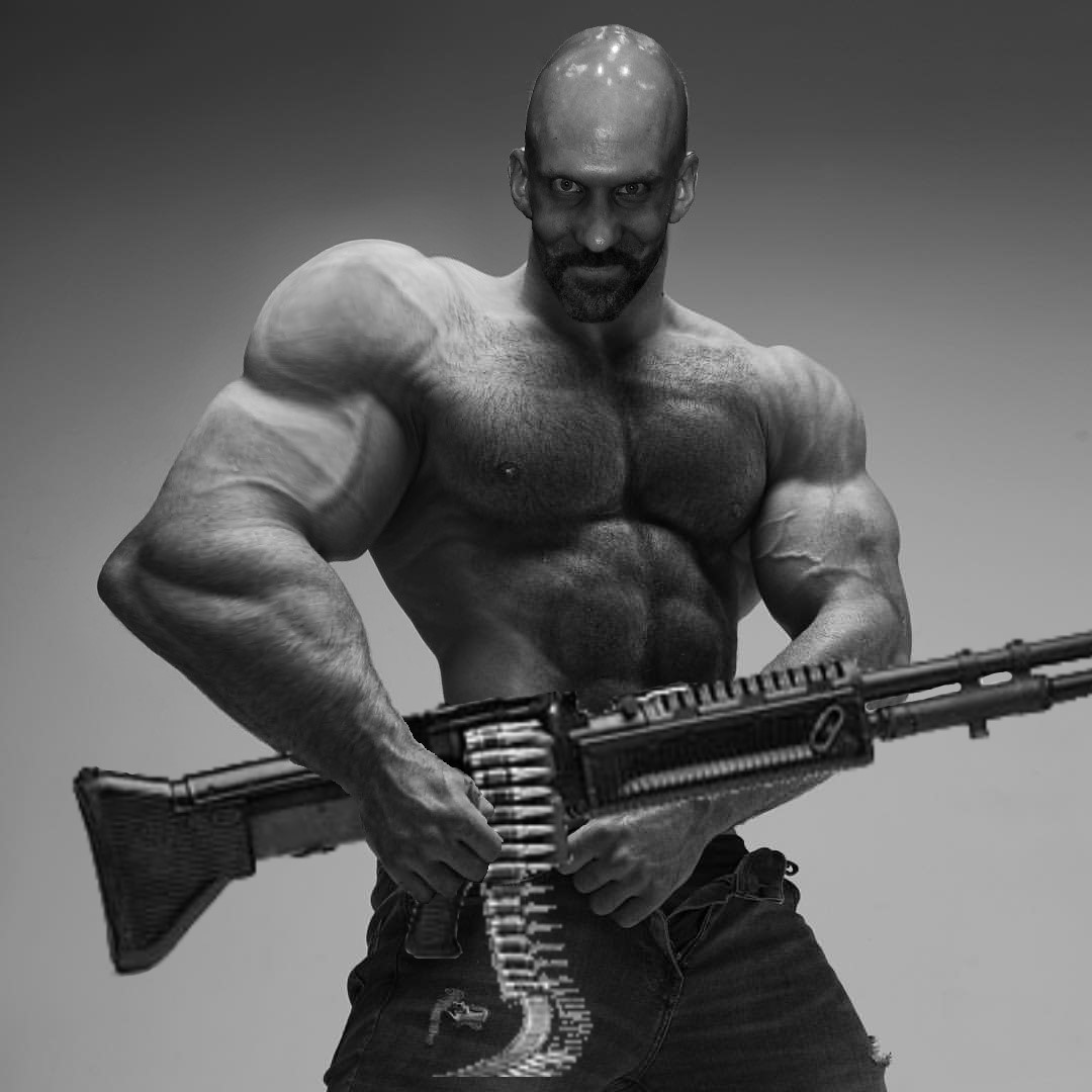 der coomer, gigachad, ammo belt, bald, buff, coomer, fixed, gooner, gray background, groomer