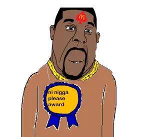 cobson, award, kanye west, low quality, mcdonalds, nigger, smile, soyjak, spade, text