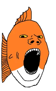 gapejak, animal, fish, full body, inhuman, open mouth, orange skin, soyjak, tail, yellow sclera