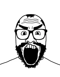 markiplier soyjak, redrawn plier, science lover, angry, beard, bushy eyebrows, gape, glasses, hair, redraw