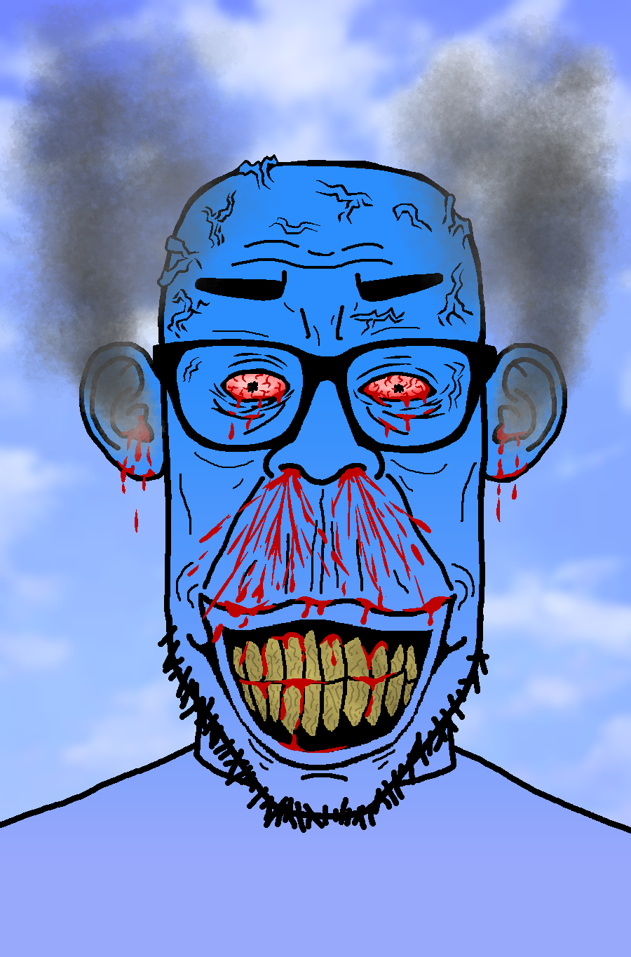 chudjak, markiplier soyjak, redrawn chudplier, redrawn plier, angry, bad teeth, beard, blood, blood drip, blood from ears