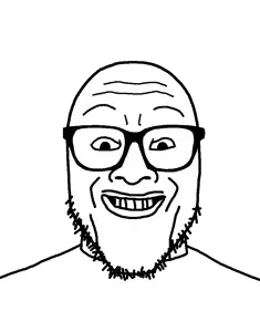 markiplier soyjak, grinplier, redrawn plier, glasses, grin, smile, stubble, teeth, uncolored skin