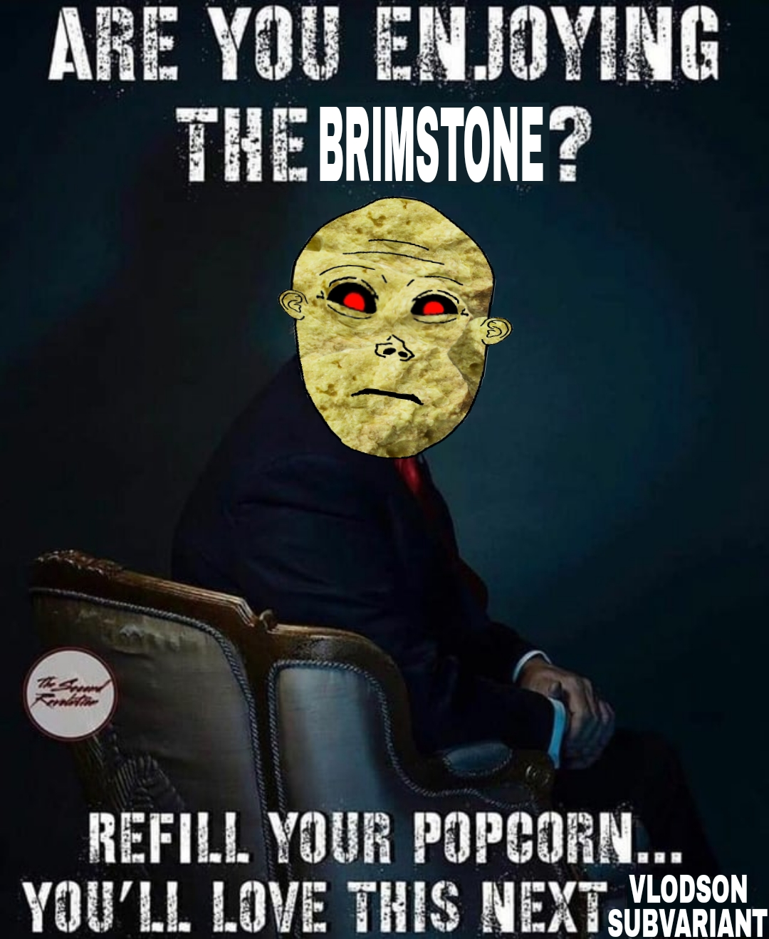 donald trump, vlodson, neutralvlod, arm, black sclera, brimstone, brimstone skin, chair, closed mouth, clothes