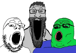 pepe, gapejak, markiplier soyjak, tony soprano soyjak, oh my god she is so attractive, soyjak trio, 3soyjaks, beard, blue shirt, glasses
