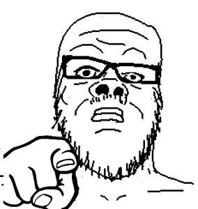 a24 slowburn soyjak, animated, black eyes, close up view, closed mouth, glasses, hands, monochrome, mustache, pointing