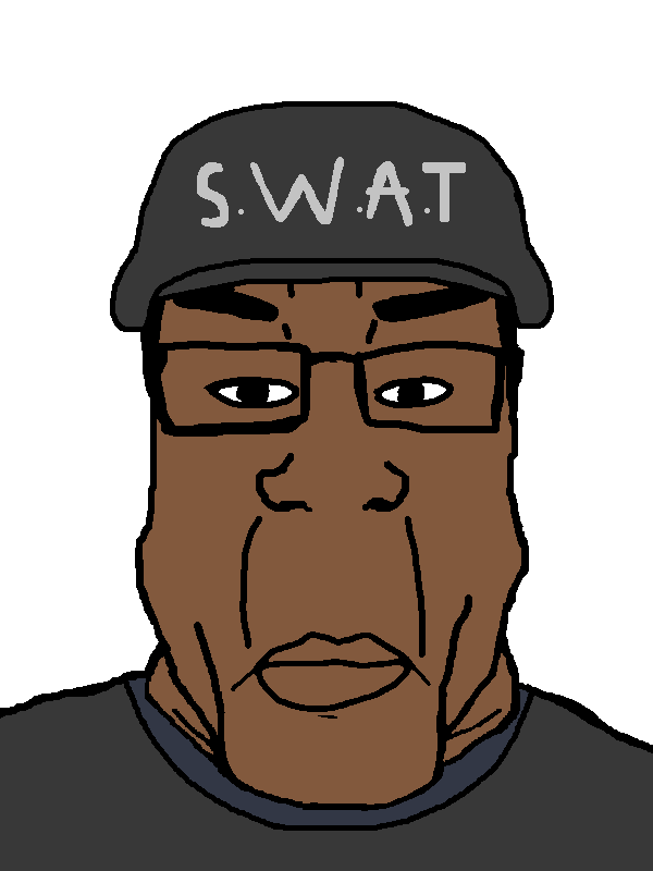 chudjak, markiplier soyjak, chudplier, agent stone, black skin, blue shirt, bulletproof vest, closed mouth, clothes, glasses