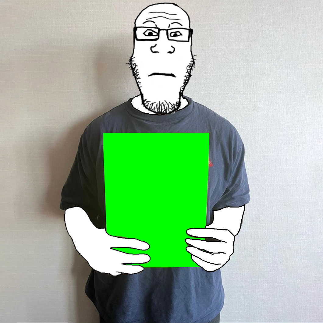markiplier soyjak, neutralplier, arm, closed mouth, clothes, glasses, green screen, hair, hand, holding object