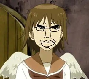 chudjak, pol face, angry, anime, clothes, glasses, haibane renmei, hair, looking at you, rakka (haibane renmei)