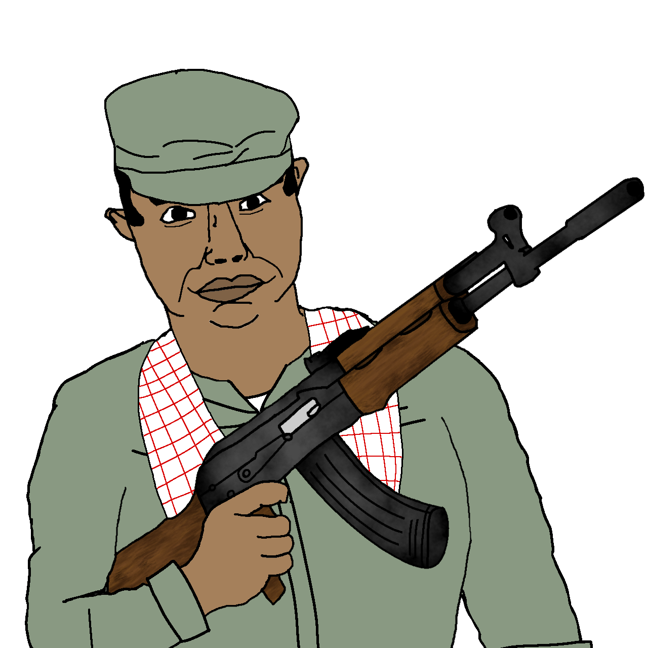 chudjak, chudjak front, ak-47, arm, assault rifle, brown skin, bushy eyebrows, cambodia, cap, clothes