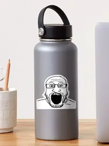 markiplier soyjak, bottle, glasses, irl background, merchandise, open mouth, real life, soyjak, sticker, stubble
