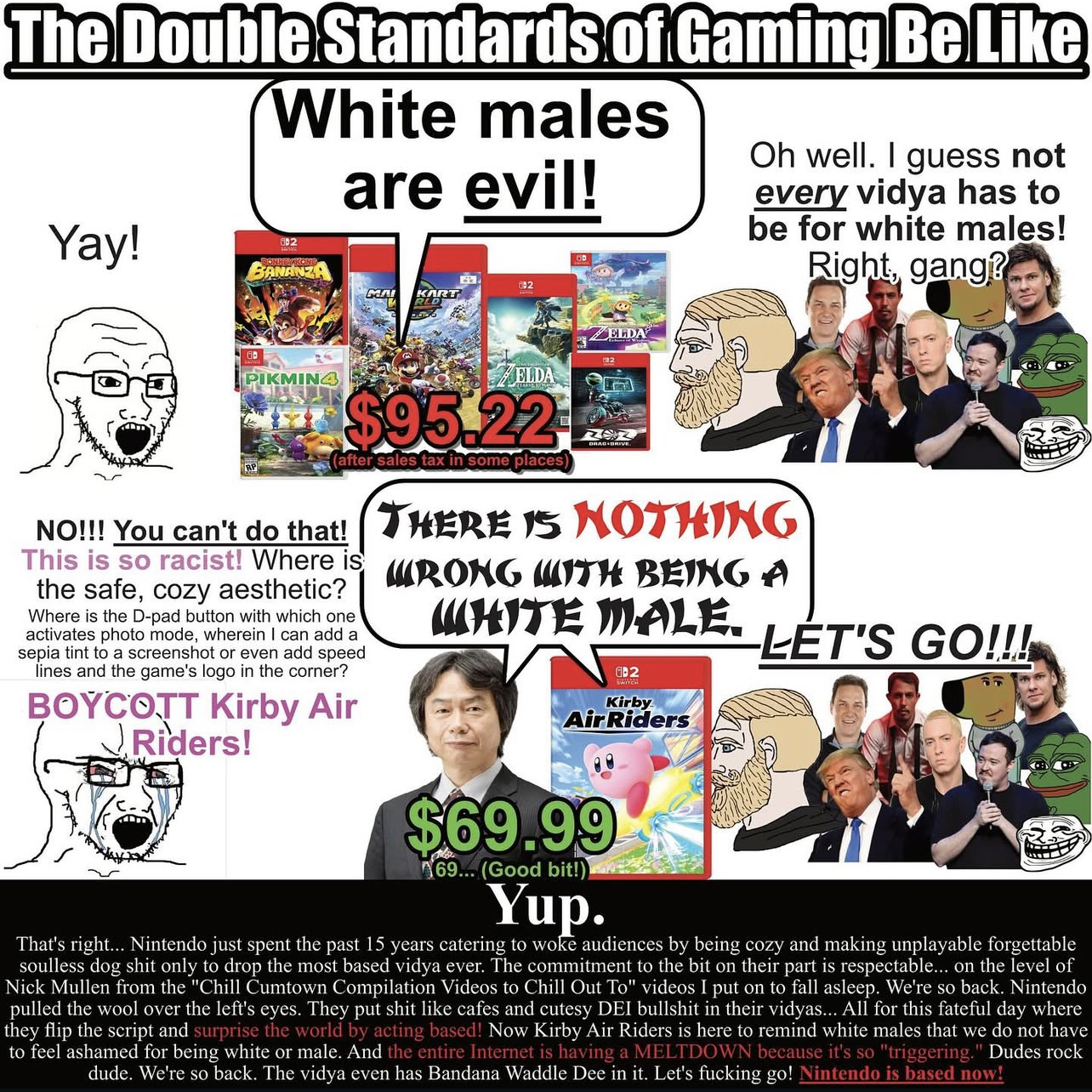 donald trump, donkey kong, pepe, trollface, wojak, yes chad, soyak, 2soyjaks, 69, amphibian