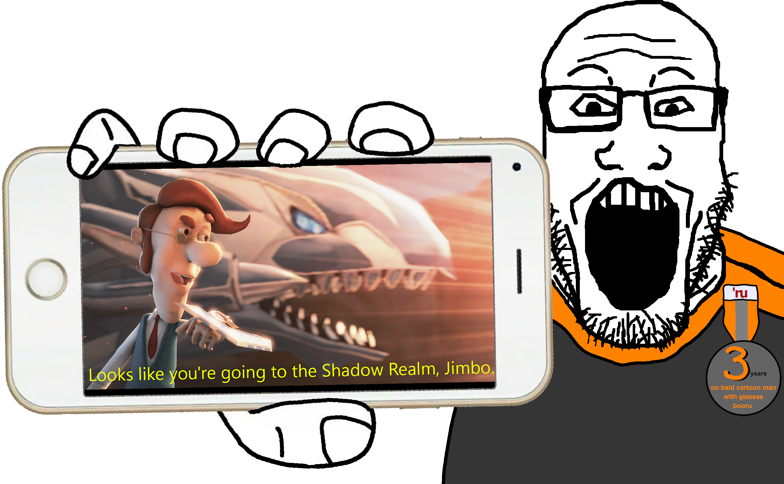 markiplier soyjak, phoneplier horizontal, showing phone, bald, booru, boorucuck, glasses, hands, holding object, holding phone