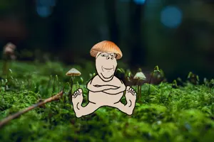 gapejak, wholesome soyjak, beige skin, crossed arms, feet, glasses, grass, grin, irl background, mushroom