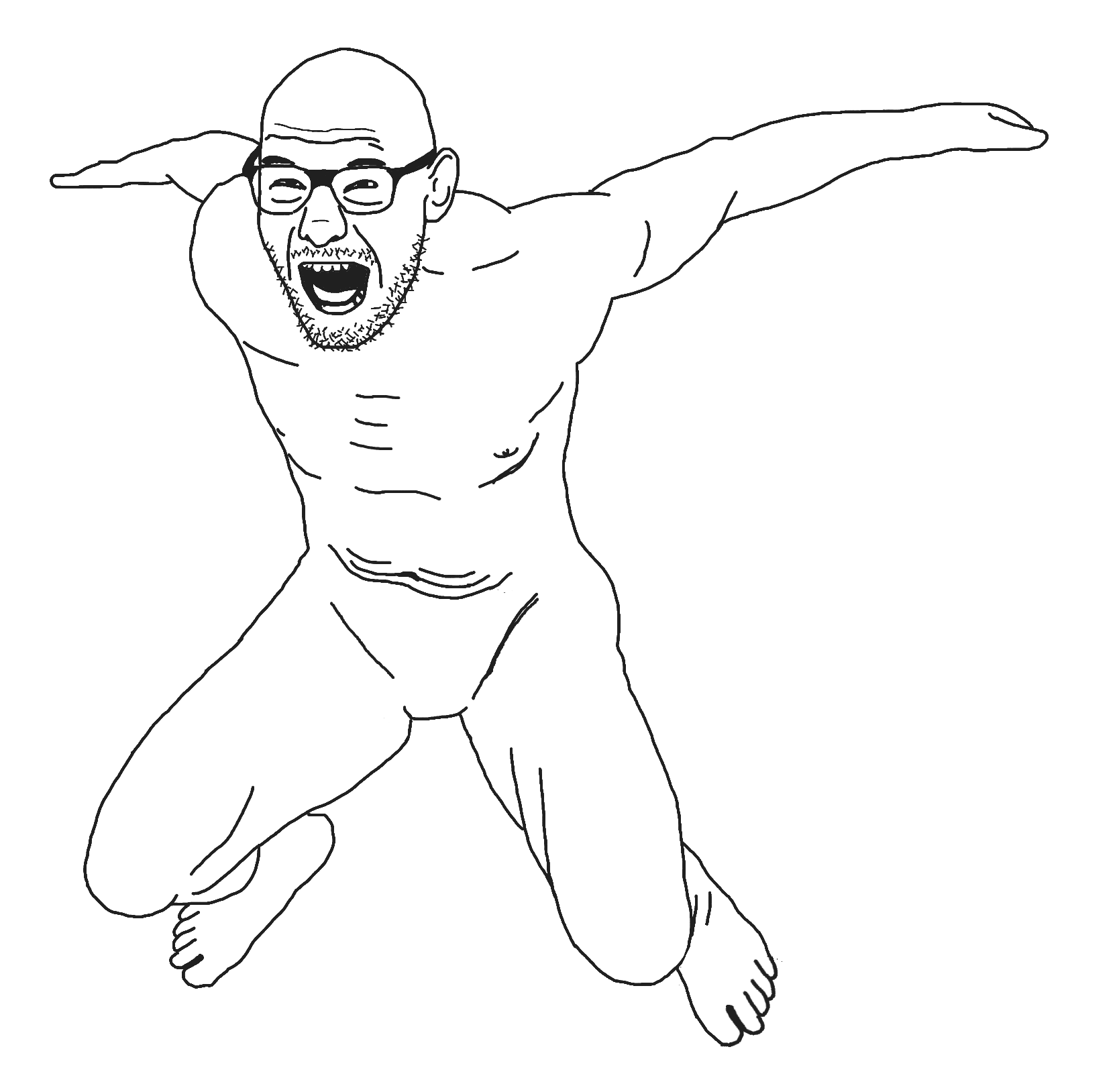 ufcjak, angry, bald, black eyes, black glasses, black sclera, buff, crazy, eyebrows, falling
