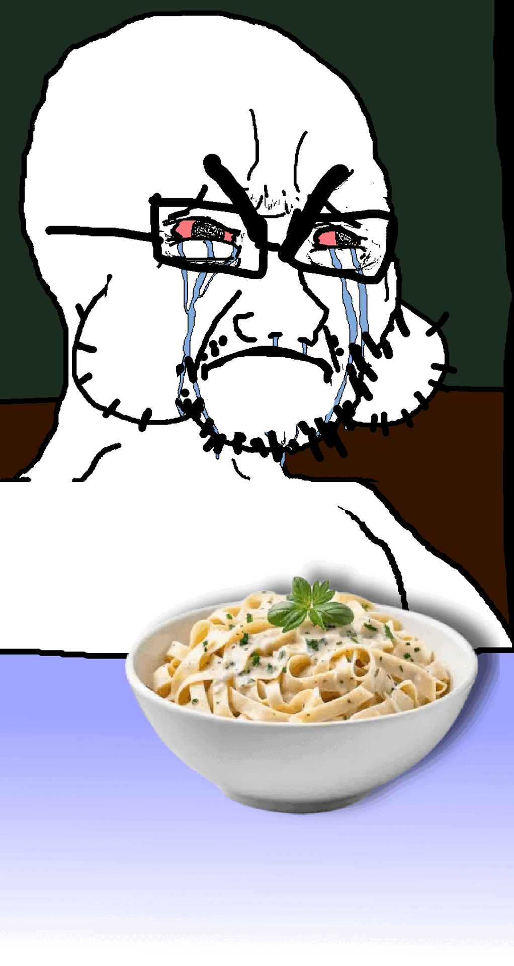 cryboy soyjak, 1soyjak, angry, animated, bald, black eyes, bowl, chewing, closed mouth, crying