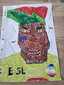 esl fnf pedo, chudjak, markiplier soyjak, chudplier, brown skin, discord, discord logo facial mark, drawing, green hair, minor attracted person