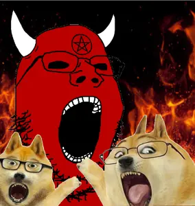 gapejak, two pointing soyjaks, animal, black sclera, demon, dog, dog ear, doge, ear, ears