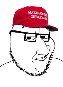 smugjak, black eyes, black glasses, black sclera, eyeglasses, glasses, maga, maga hat, red hat, stubble