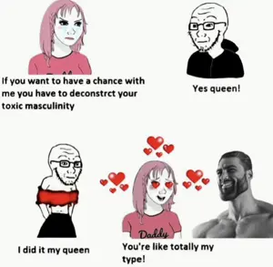 daddy's girl wojak, gigachad, wojak, soyak, 2soyjaks, daddy's girl, femboy, feminism, hair, heart