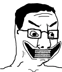 chudjak, skibidi soyjaks, glasses, gums, hair, happy, looking to the right, open mouth, skibidi, smile