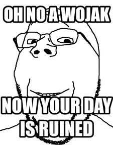 gapejak, wholesome soyjak, glasses, meme, monochrome, oh no a pony now your day is ruined, smile, soyjak, stubble, text