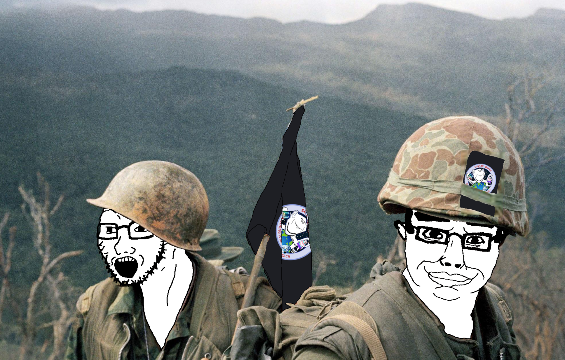 chudjak, soyak, 2soyjaks, camo, camo hat, camouflage, closed mouth, clothes, flag, glasses