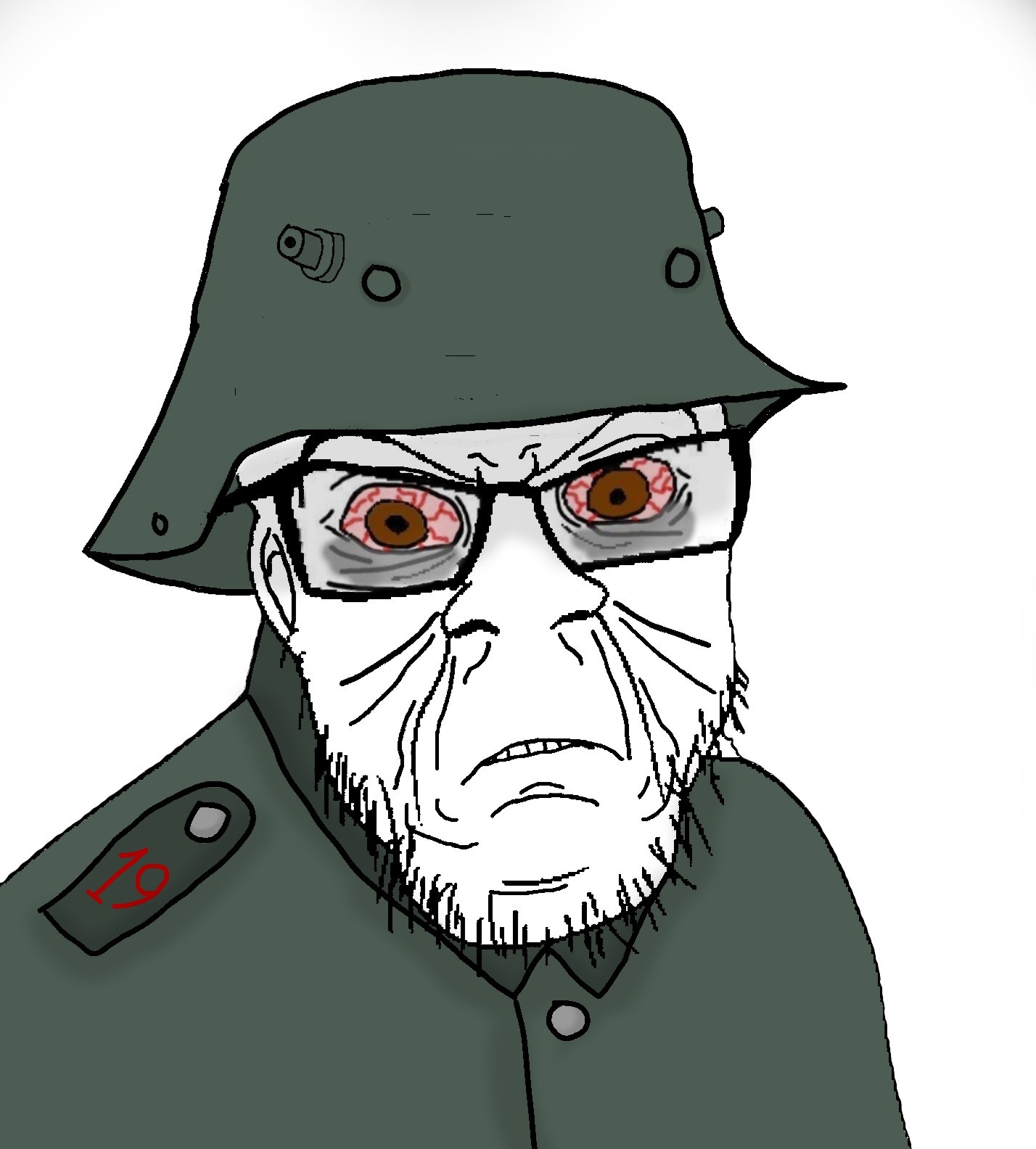 feraljak, 1918, 20th century, army, beard, bloodshot eyes, brown eyes, buttons, closed mouth, clothes