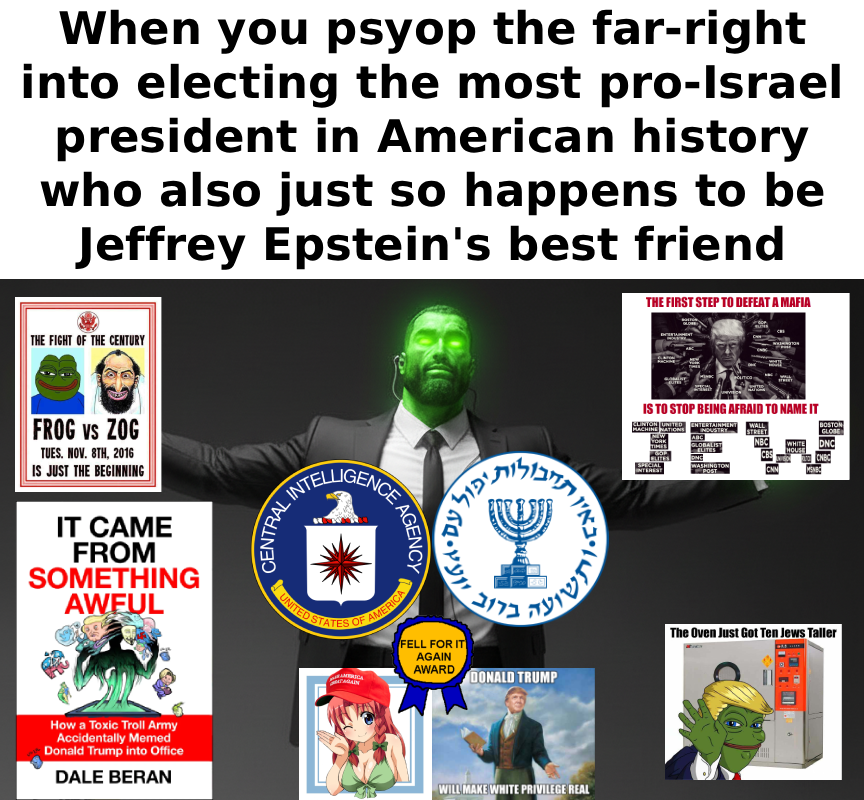 donald trump, gigachad, happy merchant, jeffrey epstein, pepe, glowie, 2016, 4chan, amphibian, animal