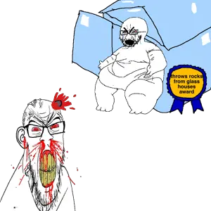 cryjak throwing a rock at feraljak from a glass house with an award.png