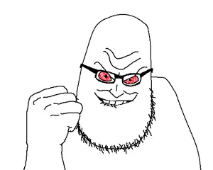syndrome, syndromejak, bald, biting lip, black glasses, black sclera, bloodshot eyes, evil, eyeglasses, eyes
