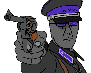chudjak, kuzjak, chuzjak, kuzjak gun, arm, cap, closed mouth, clothes, frown, glasses