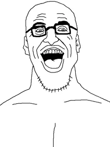 gigglechad, unknown, glasses, nuvariant, open mouth, soyjak, stubble, teeth, uncolored skin, white background