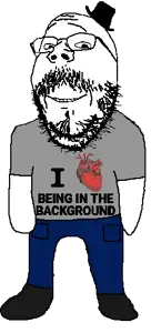 gapejak, background character, clothes, full body, glasses, hat, i love, mustache, pocket, shirt with words