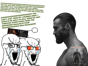 gigachad, cryboy soyjak, 2soyjaks, antenna, bloodshot eyes, crying, dark souls, glasses, greentext, large eyebrows