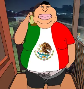 meximutt, meximutt front2, background, big lips, brimstone, brown skin, closed mouth, fat, gun, hair