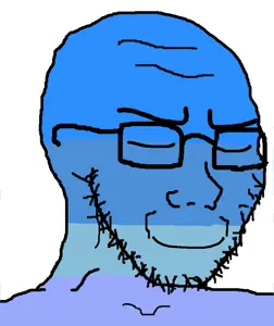 soyak, soyak (irritated), blue skin, calm, closed eyes, closed mouth, smile, stubble, white background