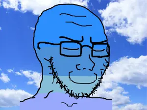 soyak, soyak (irritated), blue skin, blue sky, calm, closed eyes, closed mouth, smile, stubble